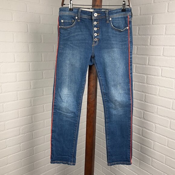 Pilcro and the Letterpress Jeans‎ Women 27 Blue Red Button Fly Relaxed Straight - Picture 1 of 13